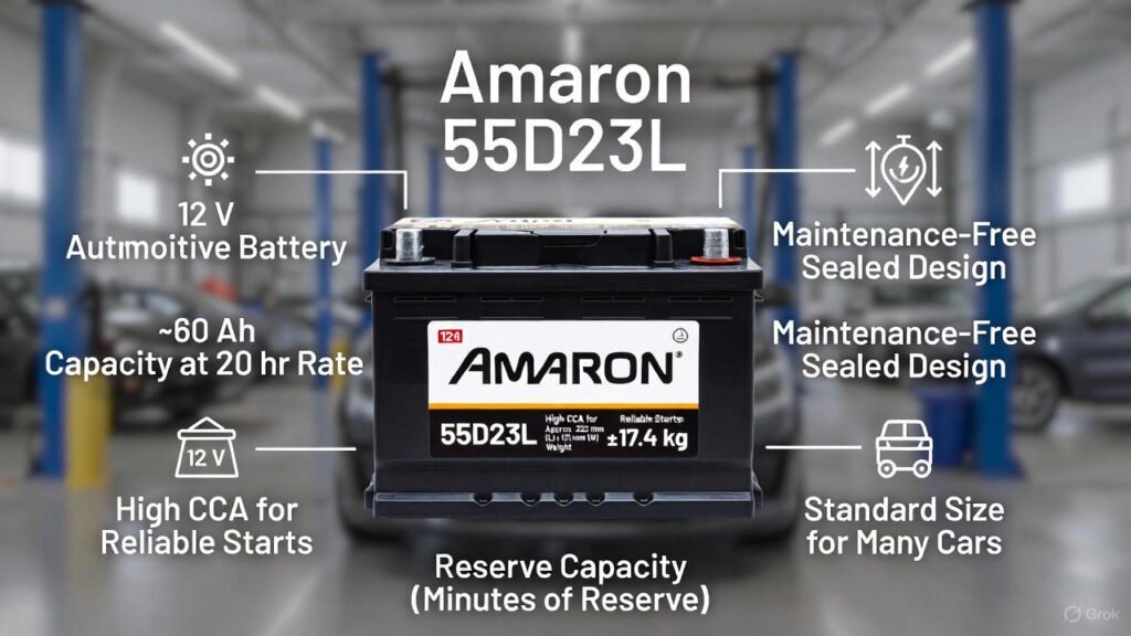 Key Technical Specifications of Amaron 55D23L Battery – Complete Specs & Features Guide 2026 Infographic showing key technical specifications of the Amaron 55D23L car battery including voltage, capacity, cold cranking amps, dimensions, weight, and maintenance-free design