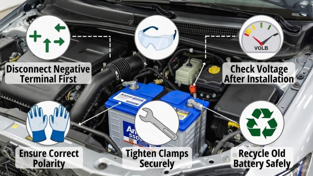Amaron 55D23L car battery installed in a Dubai car engine bay