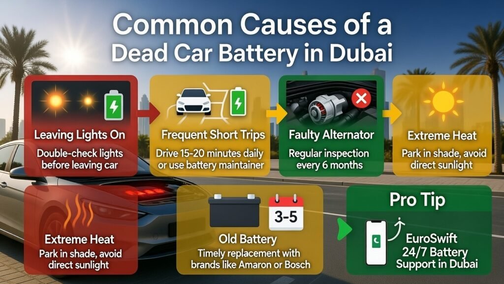 Infographic showing common causes of a dead car battery in Dubai, including leaving lights on, short trips, faulty alternator, extreme heat, old battery, with prevention tips and EuroSwift 24/7 roadside assistance.