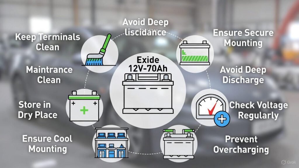 Visual guide showing essential maintenance tips for Exide 12V-70Ah battery with icons and labels.