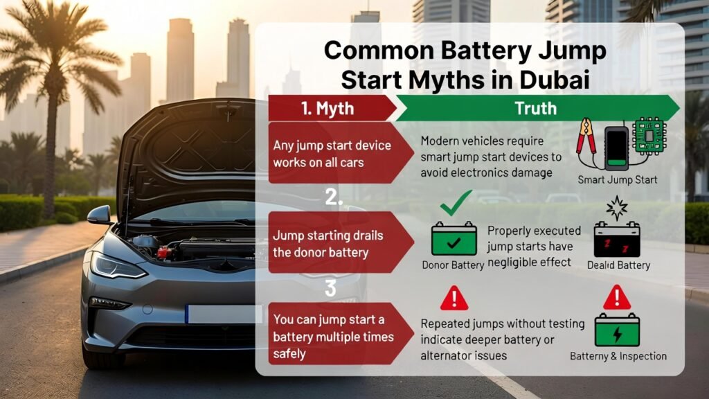 Infographic showing common battery jump start myths and truths in Dubai, including device compatibility, donor battery drain, and repeated jump start safety.