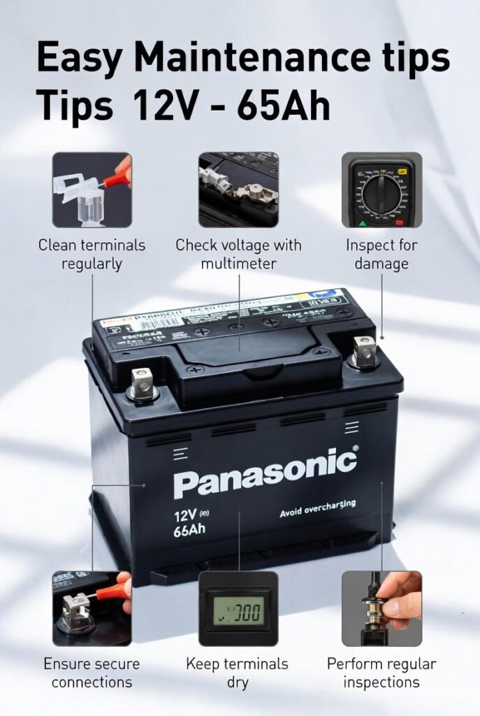 Panasonic 12V – 65Ah battery maintenance tips showing terminal cleaning, voltage checking, and proper installation.