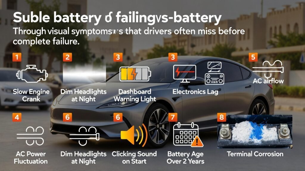 Help drivers identify missed battery failure signs early and avoid sudden breakdowns in Dubai heat.