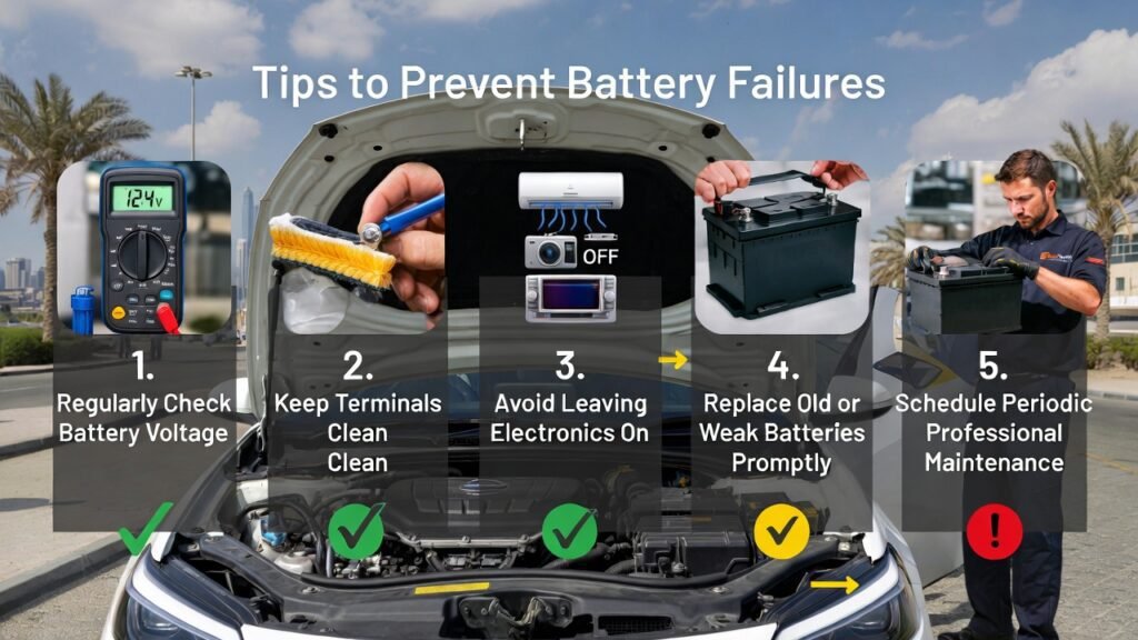 Infographic showing tips to prevent car battery failures in Dubai, including checking voltage, cleaning terminals, avoiding electronics when engine is off, replacing old batteries, and scheduling professional maintenance.