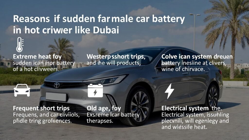 Help users instantly understand main causes of sudden car battery failure in Dubai through visuals only.