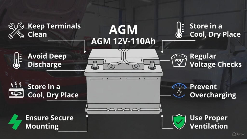 Visual guide showing essential maintenance tips for AGM 12V-110Ah battery with icons and labels.
