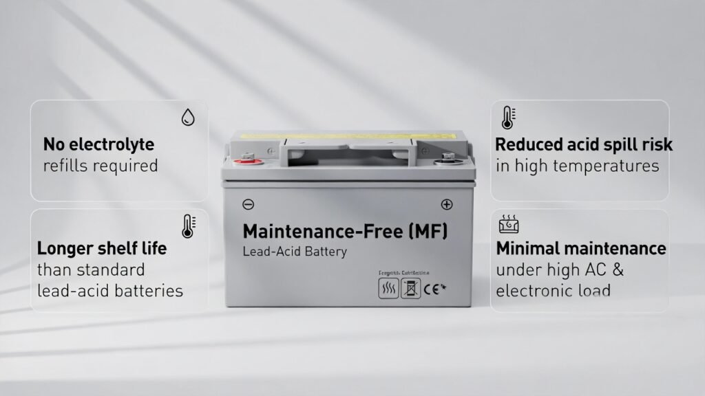 The Maintenance-Free (MF) Lead-Acid Battery is an advanced evolution of the traditional lead-acid battery, designed for reliability and convenience in extreme environments. Its sealed construction removes the need for water top-ups, making it ideal for UAE drivers dealing with long hot summers, heavy traffic, and high electrical demand.
