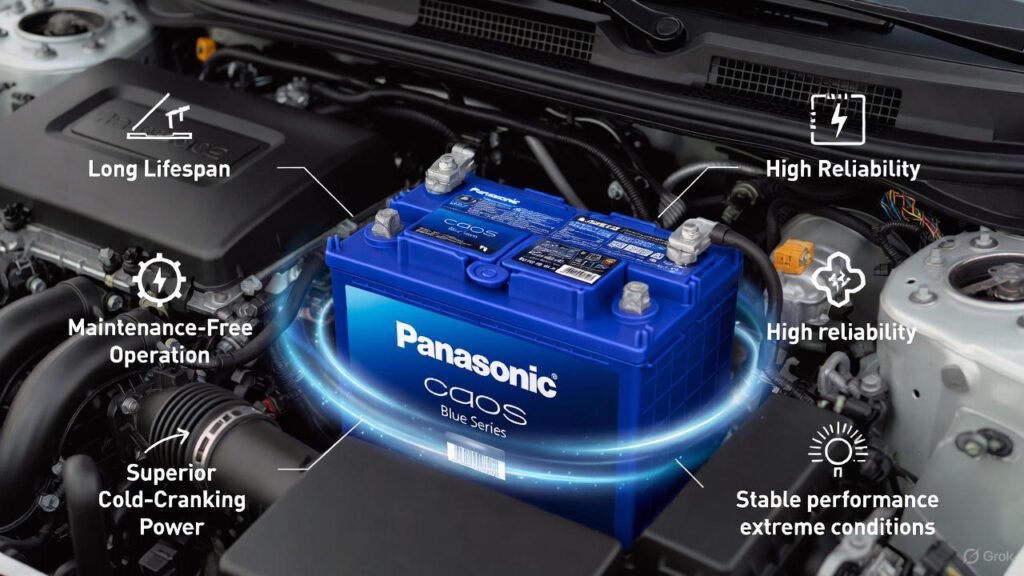 Benefits of Using Panasonic CAOS Blue Series Batteries Panasonic CAOS Blue Series battery highlighting long lifespan, maintenance-free use, and superior performance under extreme conditions.