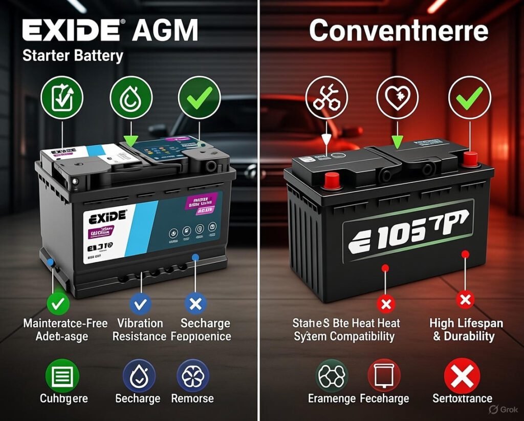 Exide AGM vs Conventional Starter Batteries β Visual Comparison Guide Visual guide comparing Exide AGM starter battery versus conventional starter batteries, highlighting key performance and feature differences.