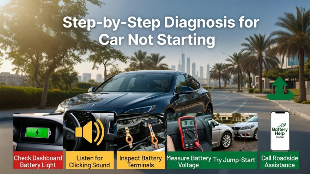 Infographic showing step-by-step diagnosis for a car not starting, including checking dashboard battery light, listening for clicking sounds, inspecting terminals, measuring voltage, jump-starting, and calling roadside assistance.