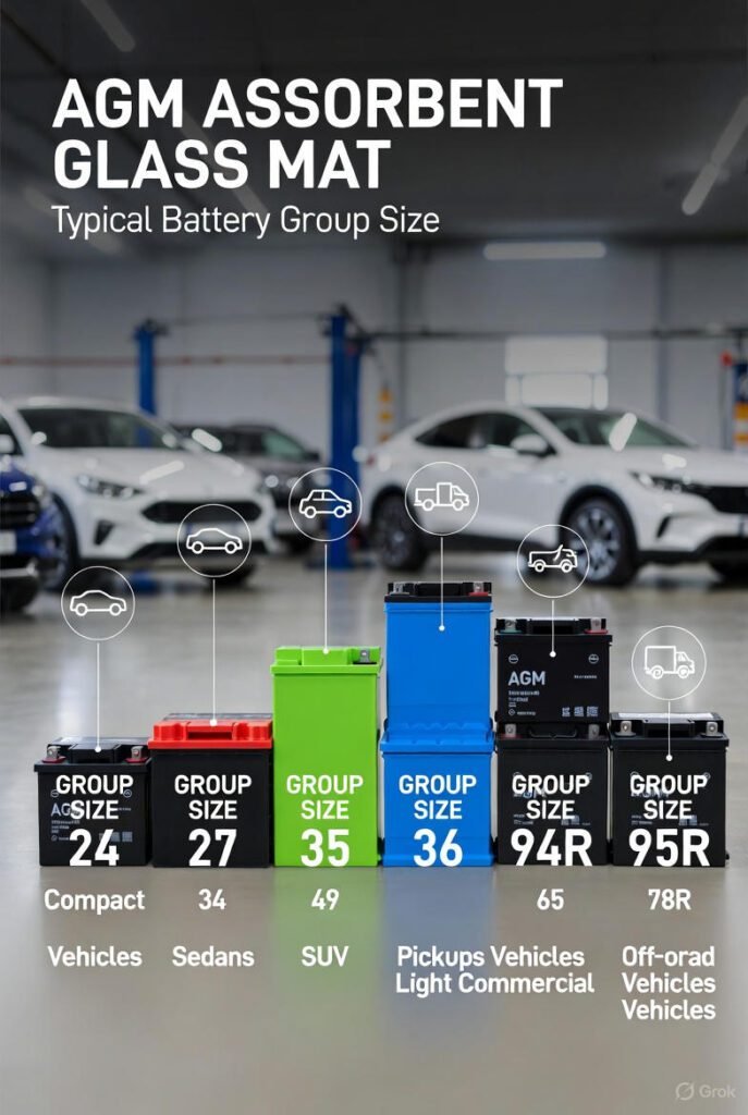 Visual guide showing common AGM automotive battery group sizes and compatible vehicle types.