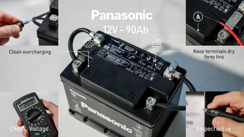 Panasonic 12V – 90Ah battery maintenance tips showing terminal cleaning, voltage checking, and secure installation.