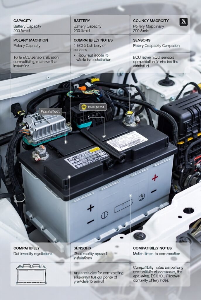 Modern car battery installation showing ECU modules and sensors with visual indicators for correct battery capacity, polarity, memory preservation, and charging system calibration in a professional UAE automotive setting.