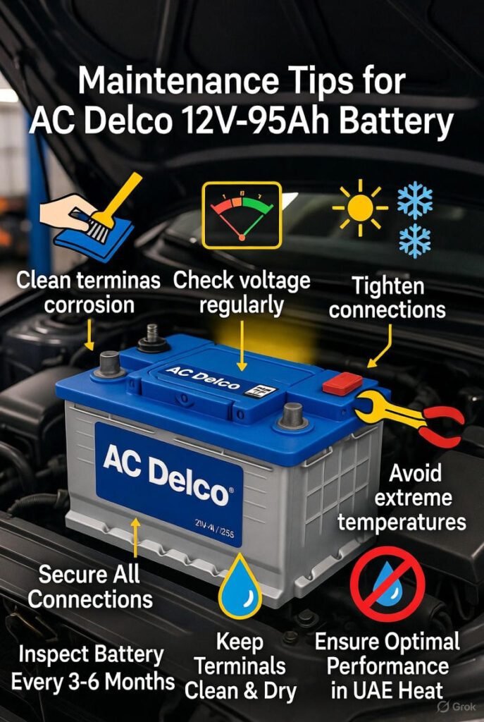 AC Delco 12V-95Ah car battery showing maintenance tips like cleaning terminals, checking voltage, tightening clamps, and protecting from extreme heat or moisture