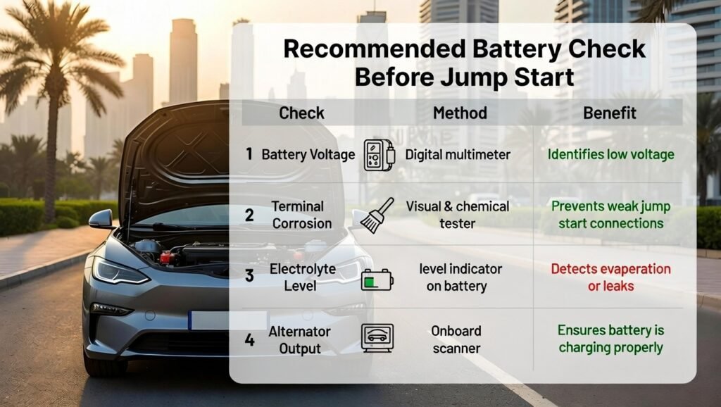 
Create a professional infographic / table image titled “Recommended Battery Check Before Jump Start”. Show a modern car with engine bay open in a Dubai street. Include a table with three columns:

Check – Battery Voltage, Terminal Corrosion, Electrolyte Level, Alternator Output

Method – Digital multimeter, Visual & chemical tester, Level indicator on battery, Onboard scanner

Benefit – Identifies low voltage, Prevents weak jump start connections, Detects evaporation or leaks, Ensures battery is charging properly

Add icons or visuals for each method: multimeter reading, corrosion cleaning, electrolyte level indicator, alternator scanner. Use color-coded benefits: green for safe/preventive, red for potential risk. Background should subtly reflect Dubai (skyline, palm trees, sun). Layout should be clean, professional, high-resolution, suitable for blogs, Google Discover, and social media, and easy for drivers or non-technical users to follow.
