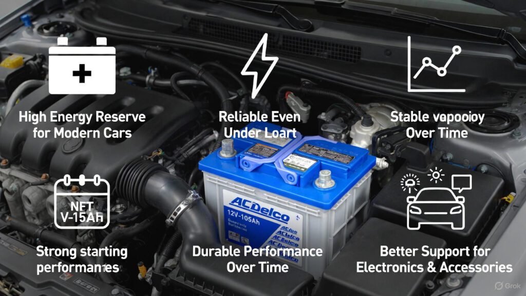 Benefits of Using AC Delco 12V‑105Ah Battery – High Capacity & Reliable Performance in 2026 AC Delco 12V‑105Ah car battery showing key benefits like high power capacity, long life, stable voltage output, and reliable performance for daily driving