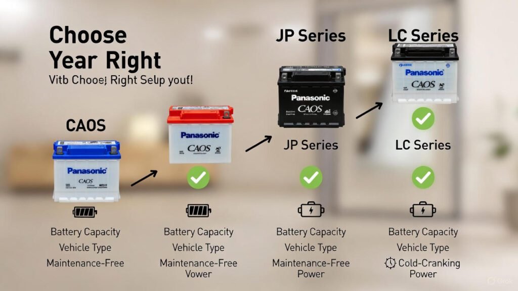 Tips for Choosing the Right Panasonic Battery Infographic showing tips for choosing the right Panasonic battery with visual indicators of capacity, vehicle compatibility, and performance features