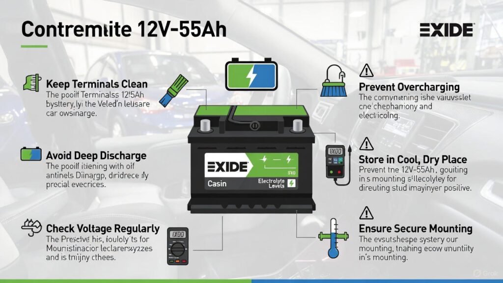 Visual guide showing essential maintenance tips for Exide 12V-55Ah battery with icons and labels.