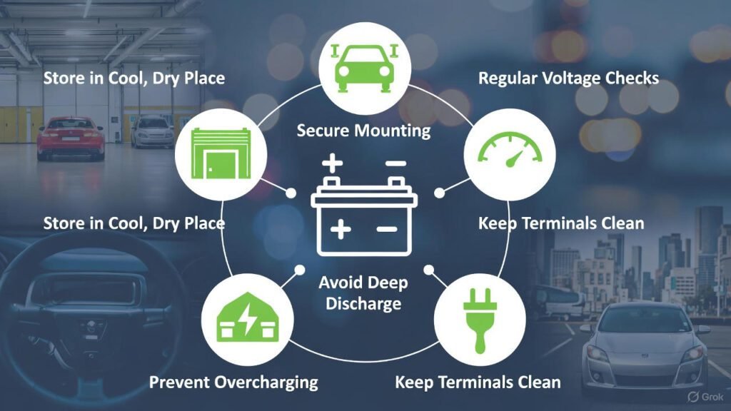 Visual guide showing essential tips to maximize car battery life with icons and labels.