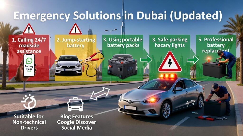 Infographic showing emergency solutions for dead car batteries in Dubai, including jump-start, roadside assistance, portable battery packs, safe parking, and professional replacement.