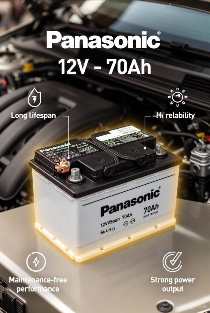 Panasonic 12V – 70Ah battery emphasizing durability, maintenance-free use, and reliable performance.