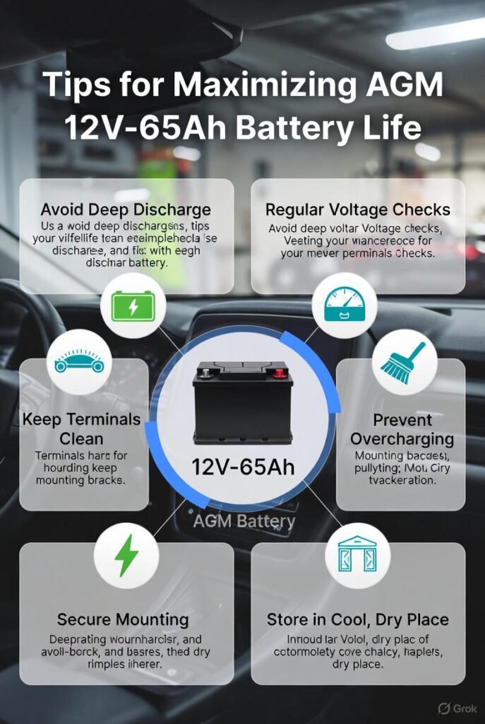 Visual guide showing tips to maximize the life of AGM 60Ah / 12V-65Ah battery.