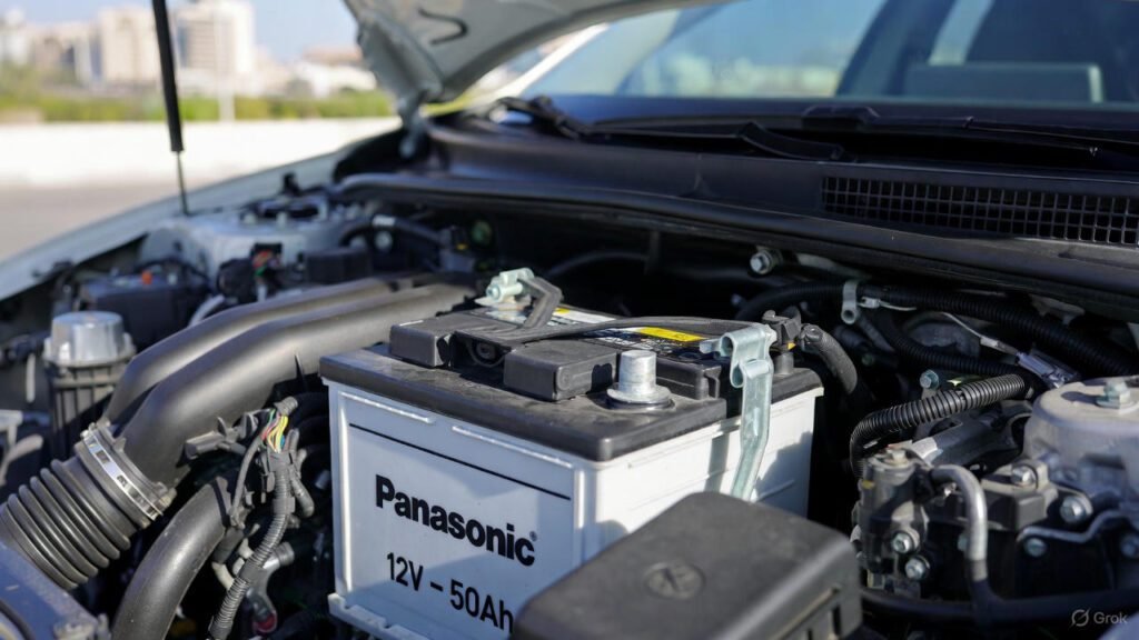 "Panasonic 12V – 50Ah Battery Installed in Car Engine – EuroSwift Auto Services Dubai"