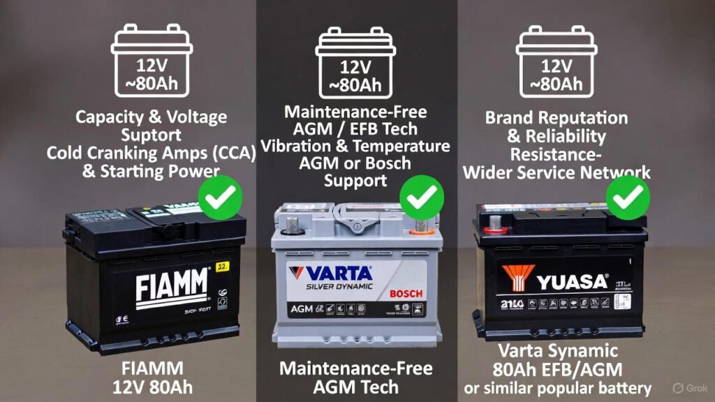 Visual comparison of FIAMM 12V 80Ah automotive battery versus other popular brands with key performance and feature icons.