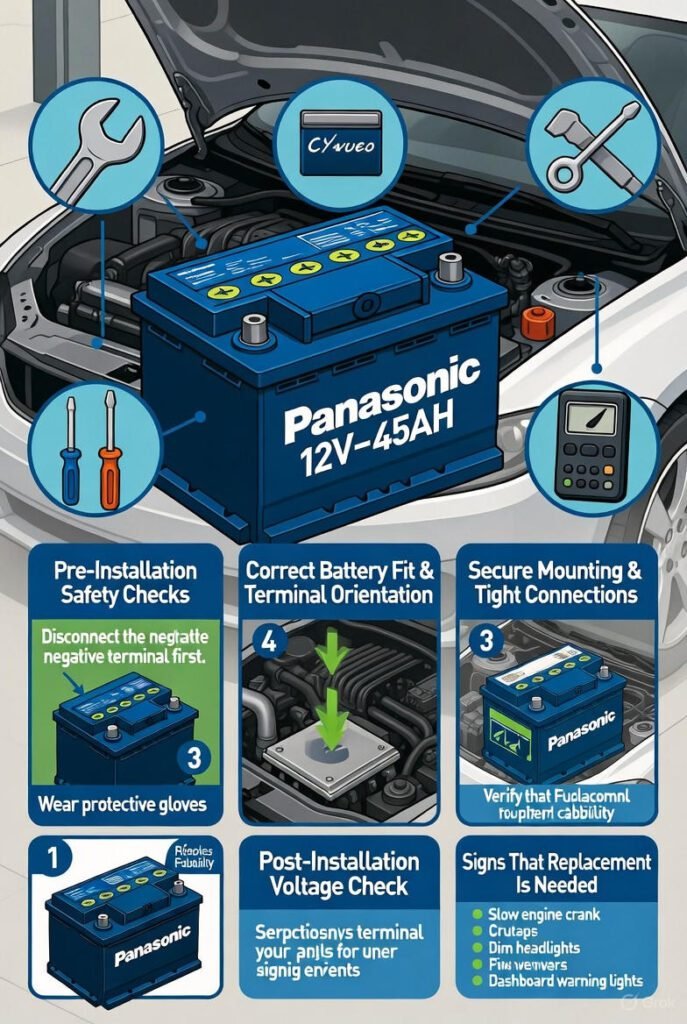 Installation & Replacement Insights β Automotive Battery Guide Visual guide showing installation steps and replacement insights for automotive batteries with icons and annotations.
