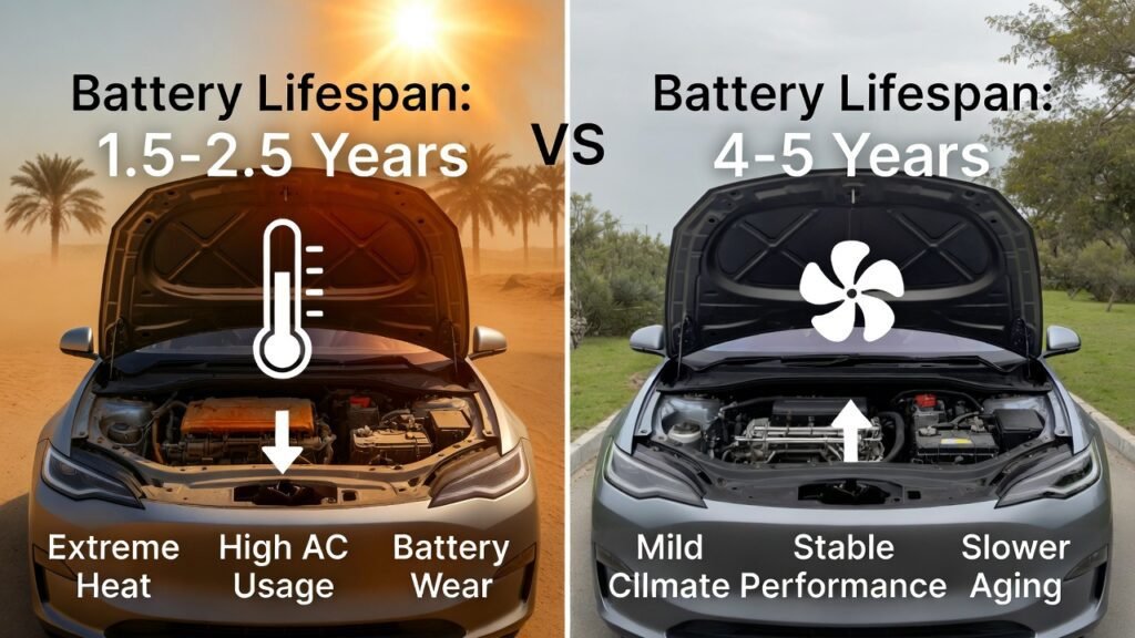 Infographic comparing car battery lifespan: Dubai extreme heat shortens life to 1.5–2.5 years, temperate regions allow 4–5 years, showing cars and batteries side by side.