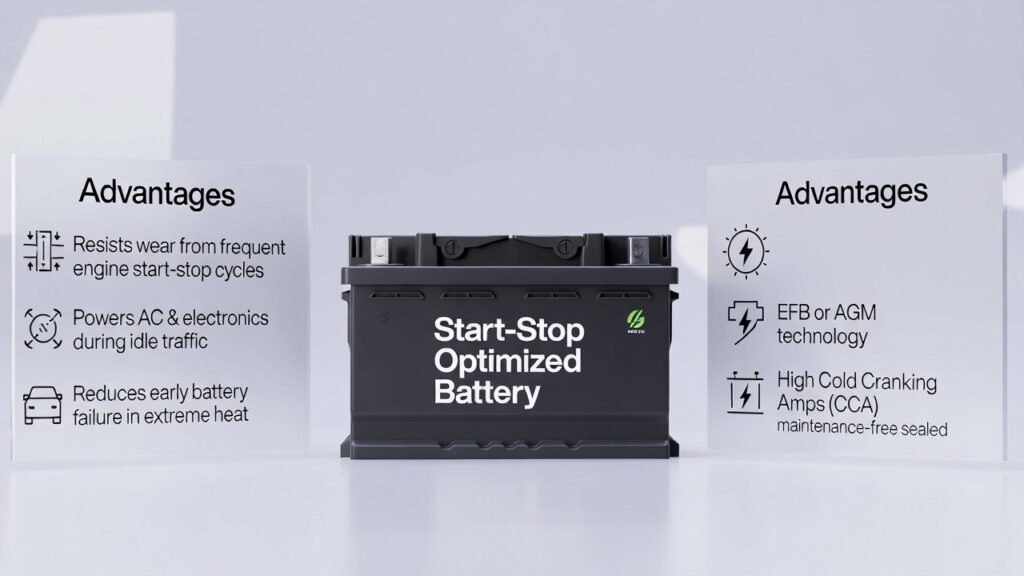 The Start-Stop Optimized Battery is specifically engineered to withstand frequent engine on/off cycles without performance degradation. Designed for vehicles equipped with start-stop systems, these batteries maintain consistent power delivery even in heavy traffic conditions.