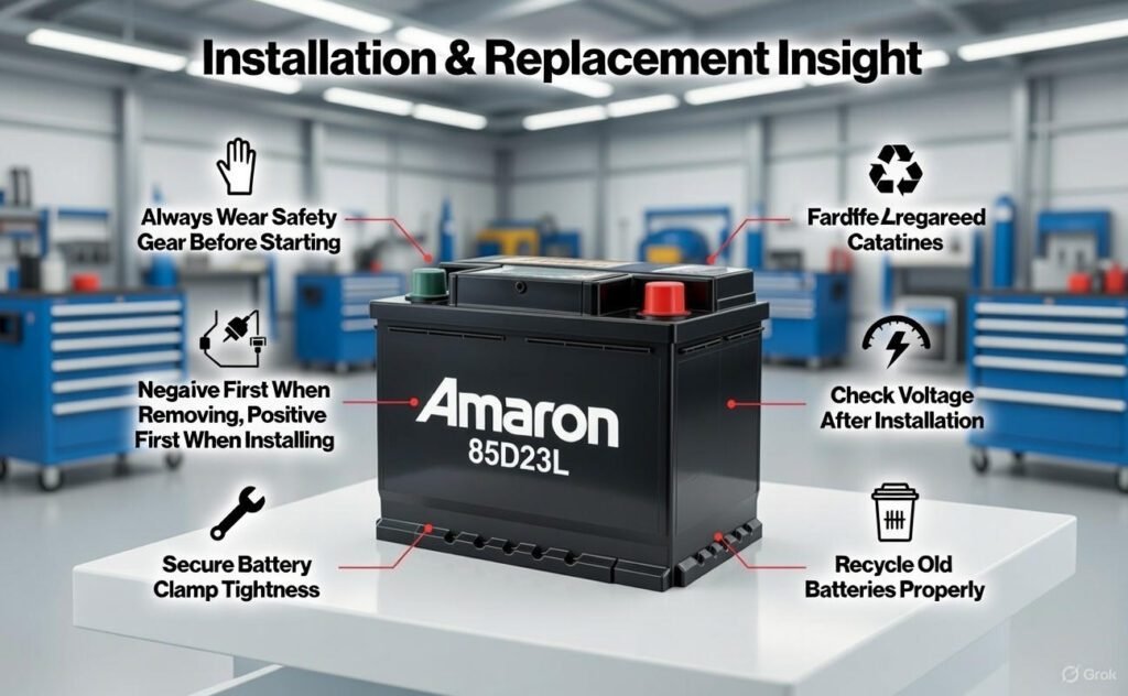 Installation & Replacement Insight – Expert Guide to Safe & Correct Battery Fitment 2026 Infographic showing expert installation and replacement insights for car batteries with step-by-step visuals including safety gear, terminal connection order, secure mounting, and final checks
