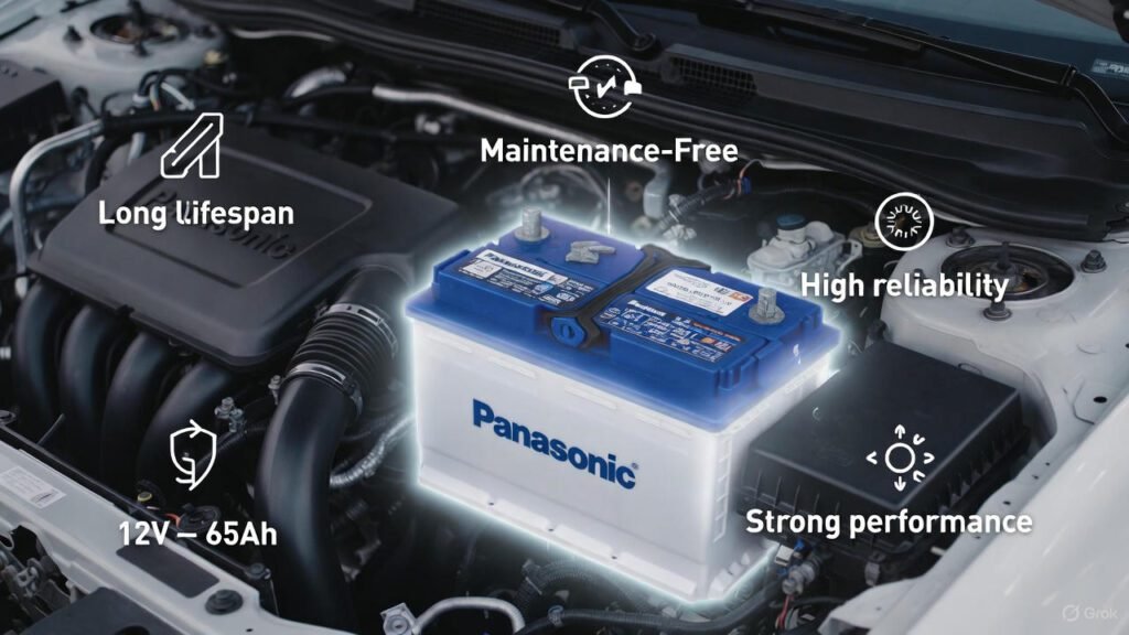 Panasonic 12V – 65Ah battery highlighting durability, maintenance-free use, and reliable performance.