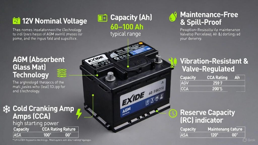 Exide AGM Starter Battery β Core Specifications (2026) β Automotive Battery Guide Visual guide showing core specifications of an Exide AGM starter battery with key performance details.