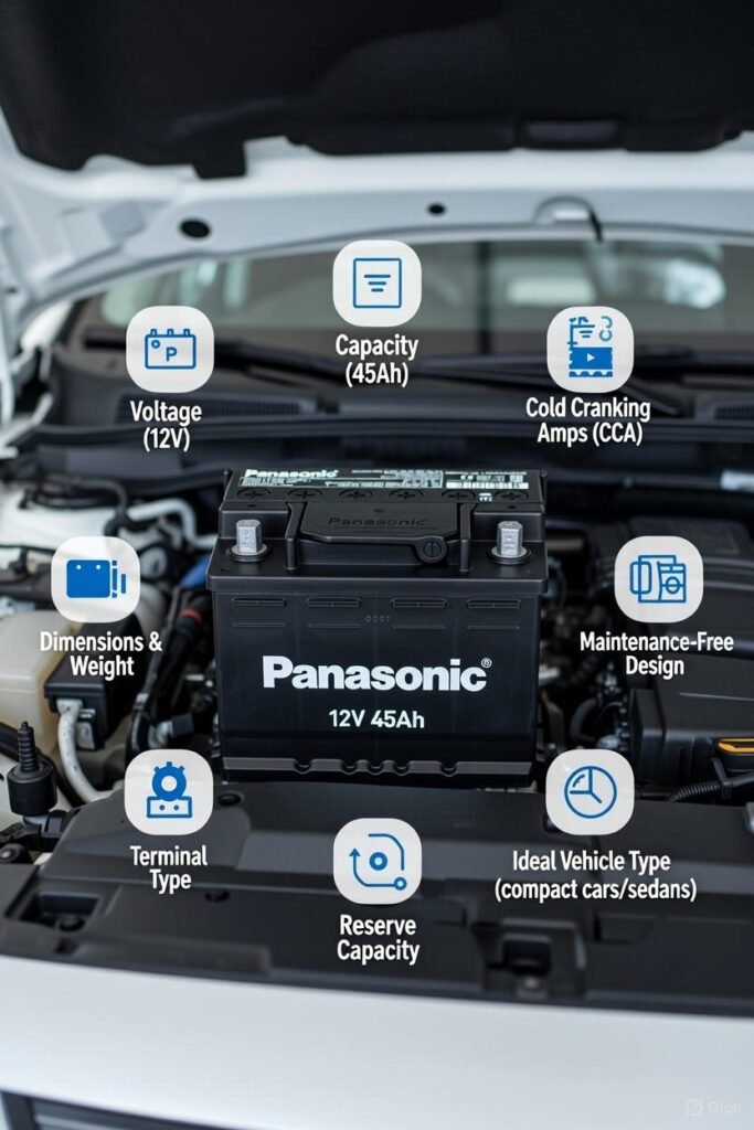 Panasonic 12V 45Ah β key specifications explained visually for easy understanding. Key specifications infographic of Panasonic 12V 45Ah car battery with icons and labels.