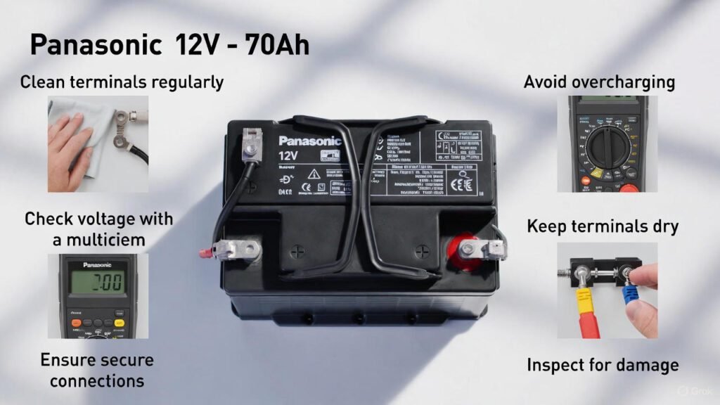 : Panasonic 12V – 70Ah battery maintenance tips showing terminal cleaning, voltage checking, and secure installation.