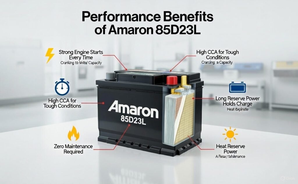 Performance Benefits of Amaron 85D23L Battery – Strong Power & Reliable Performance 2026 Infographic showing performance benefits of the Amaron 85D23L car battery including high cold cranking power, long reserve capacity, maintenance-free design, and reliable starts