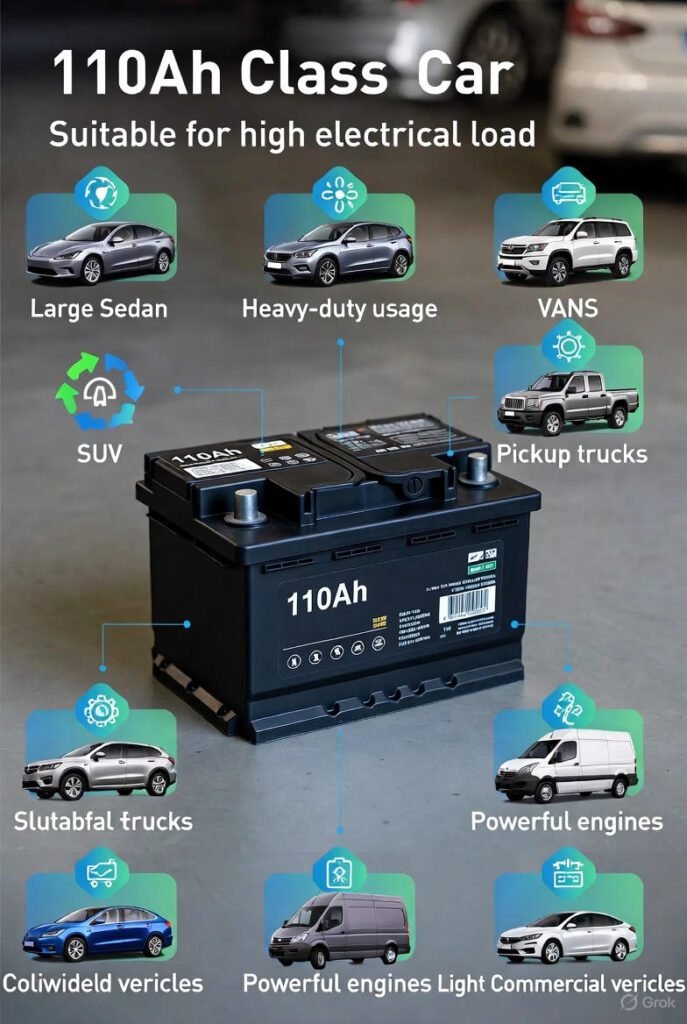 .Vehicle Compatibility (110Ah Class) β Cars, SUVs & Commercial Vehicles Guide Visual guide showing vehicle compatibility for 110Ah class car batteries