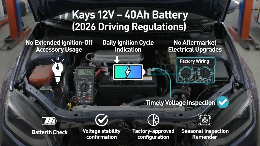 Usage rules for Kays 12V – 40Ah battery showing correct operation and voltage inspection in Dubai 2026