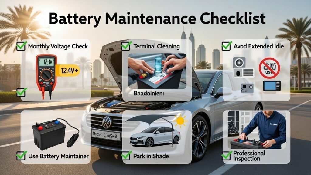 Infographic showing battery maintenance checklist for cars in Dubai, including voltage check, terminal cleaning, avoiding extended idle, using battery maintainer, parking in shade, and professional inspection.