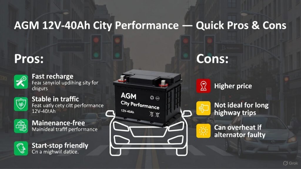 AGM 12V-40Ah city performance pros and cons visual for urban driving.