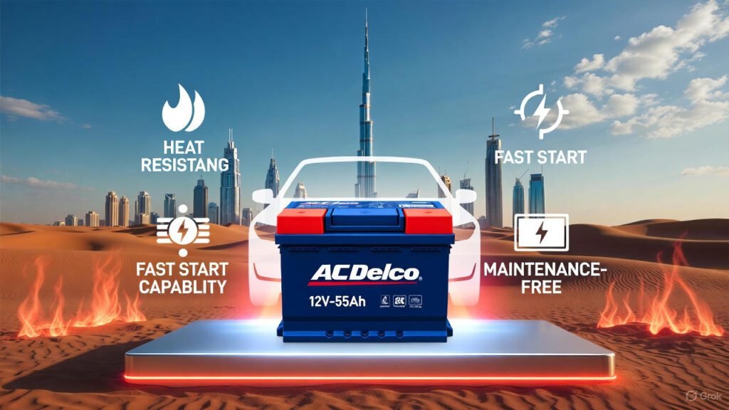 “AC Delco 12V-55Ah battery displayed with Dubai skyline and desert heat background to show strong performance in high temperatures.”