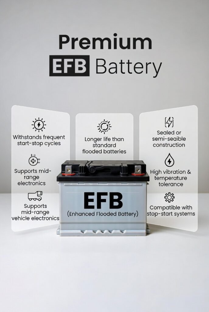 The EFB (Enhanced Flooded Battery) is an advanced version of the traditional flooded lead-acid battery, engineered to handle frequent engine start-stop cycles. This makes it especially suitable for Dubai’s urban traffic conditions, where congestion and continuous AC usage place higher demands on vehicle batteries.