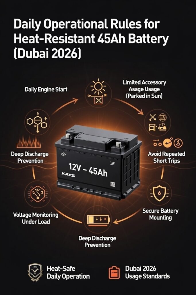 heat-resistant 12V – 45Ah car battery daily operational rules for Dubai extreme heat conditions