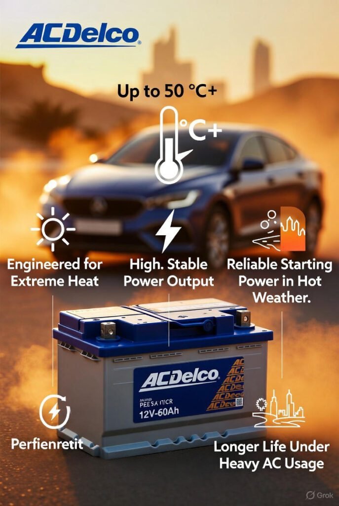 “Why AC Delco 12V-60Ah Is Ideal for Dubai Climate” AC Delco 12V-60Ah car battery designed for Dubai climate, showing heat resistance, stable power output, and reliable performance in extreme temperatures