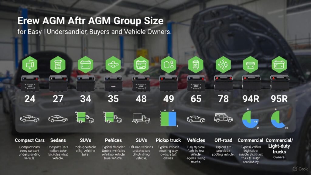 Visual guide showing common AGM battery group sizes and their compatible vehicle types.