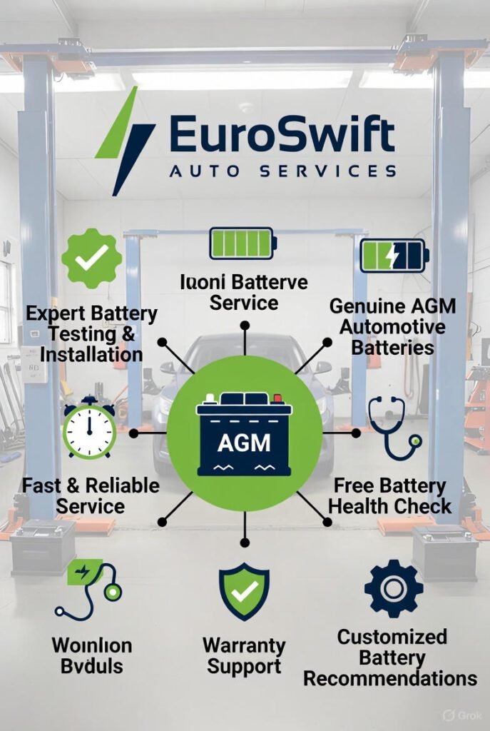 Visual guide showing why EuroSwift Auto Services is a preferred choice for AGM automotive battery services.