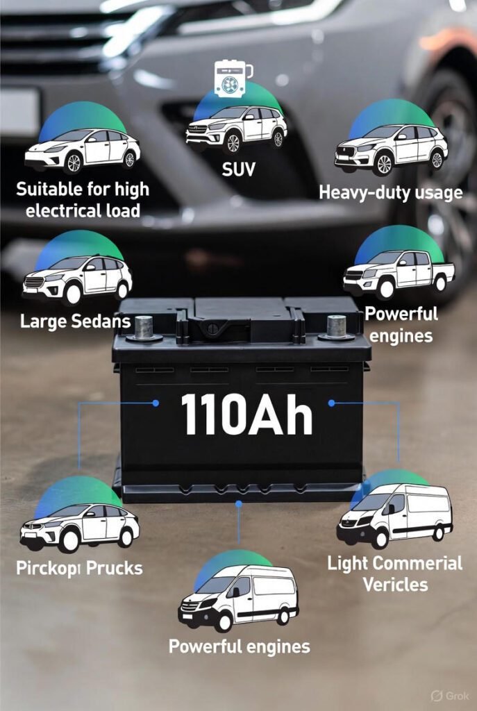 Vehicle Compatibility (110Ah Class) β Cars, SUVs & Commercial Vehicles Guide Visual guide showing vehicle compatibility for 110Ah class car batteries.