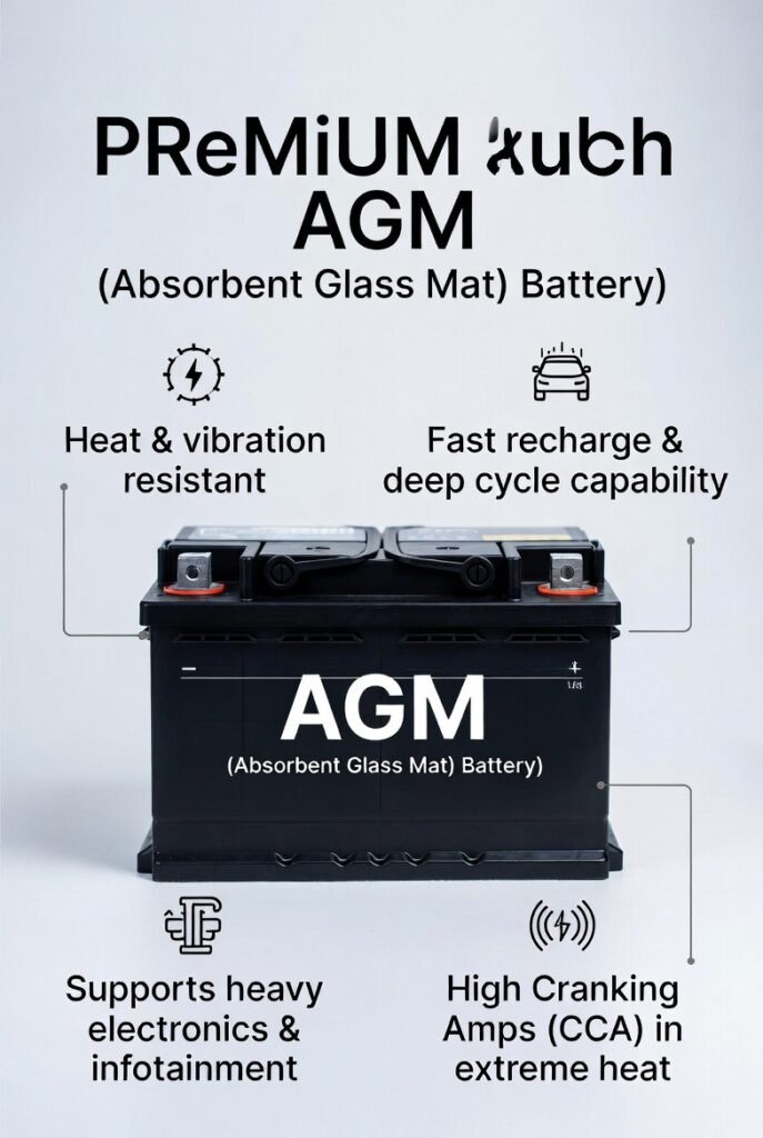 The AGM (Absorbent Glass Mat) Battery is a high-performance, sealed battery designed to handle vehicles with heavy electronic loads. Using advanced glass mat separators to absorb and retain electrolyte, AGM batteries deliver superior reliability, faster charging, and deep cycle capability.
