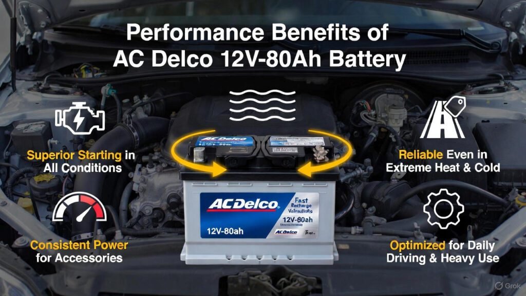AC Delco 12V-80Ah car battery highlighting performance benefits such as strong starting power, high cold cranking amps, stable voltage, and long-lasting durability
